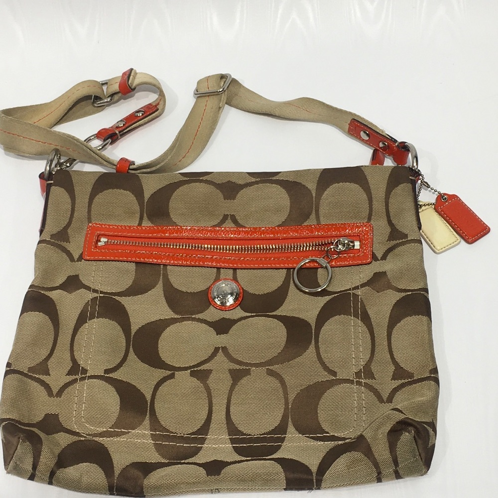 Coach Signature Shoulder Bag Khaki Orange Patent Leather F14869